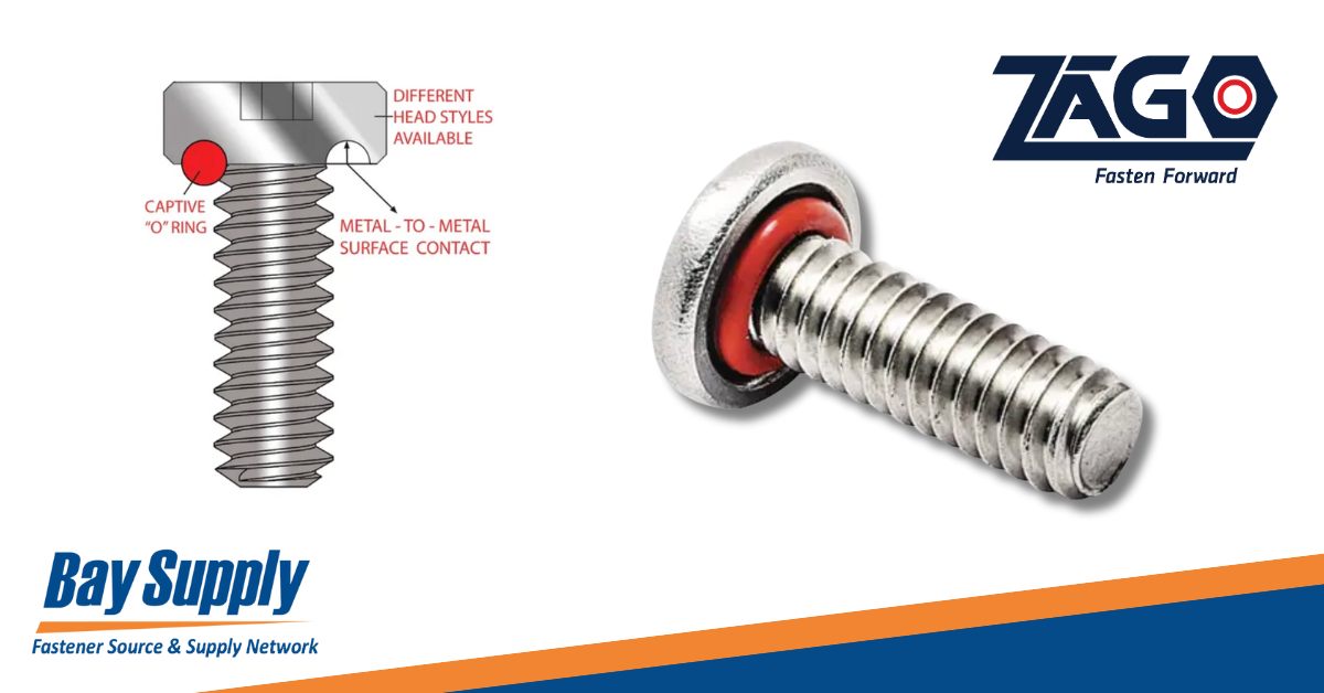 ZAGO sealing fastener with a red O-ring and diagram showing metal-to-metal contact, highlighting its durable, high-tech sealing design.