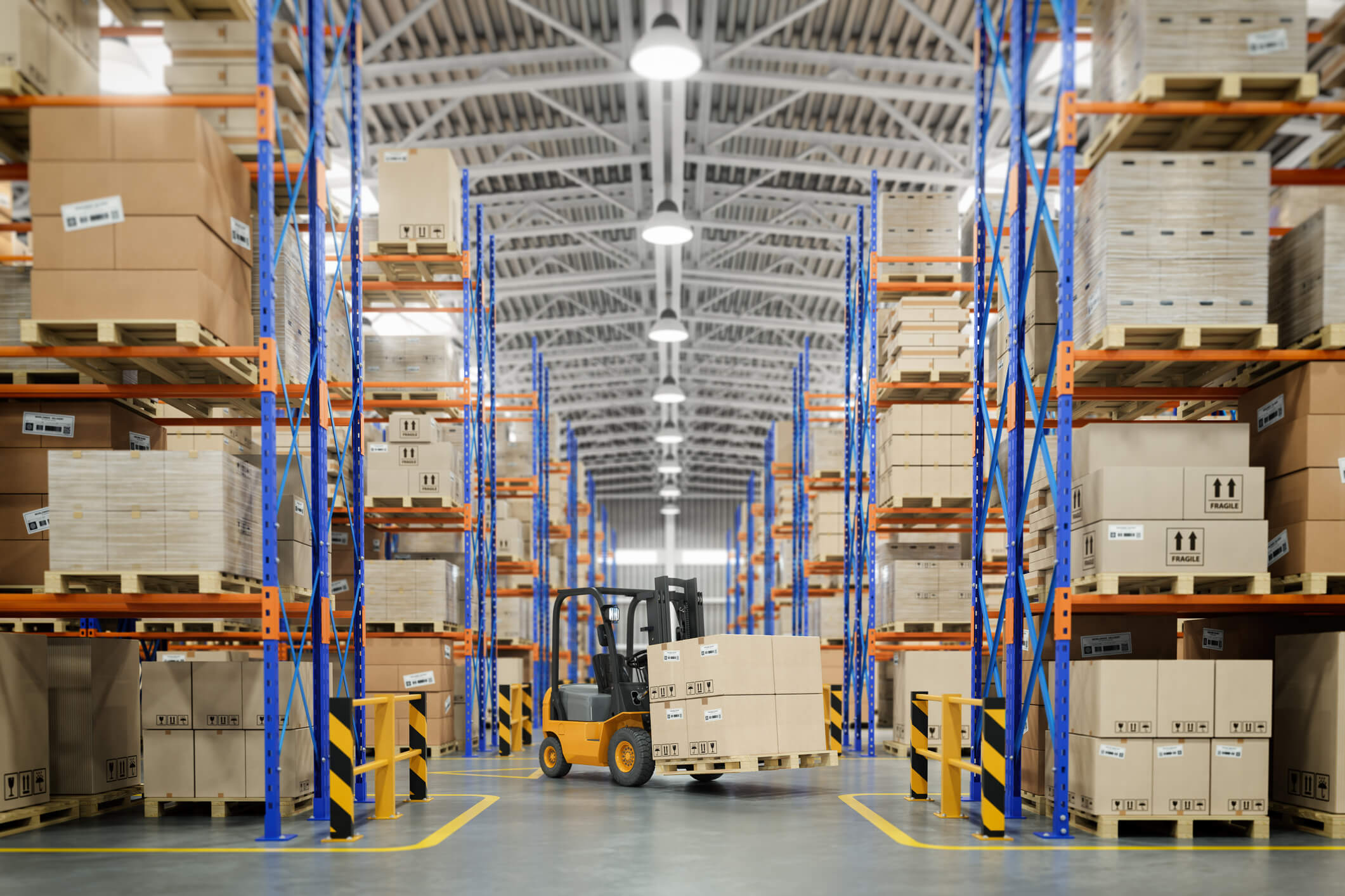 storage warehouse hallway with a forklift in the middle that is full of boxes containing quality rivets.
